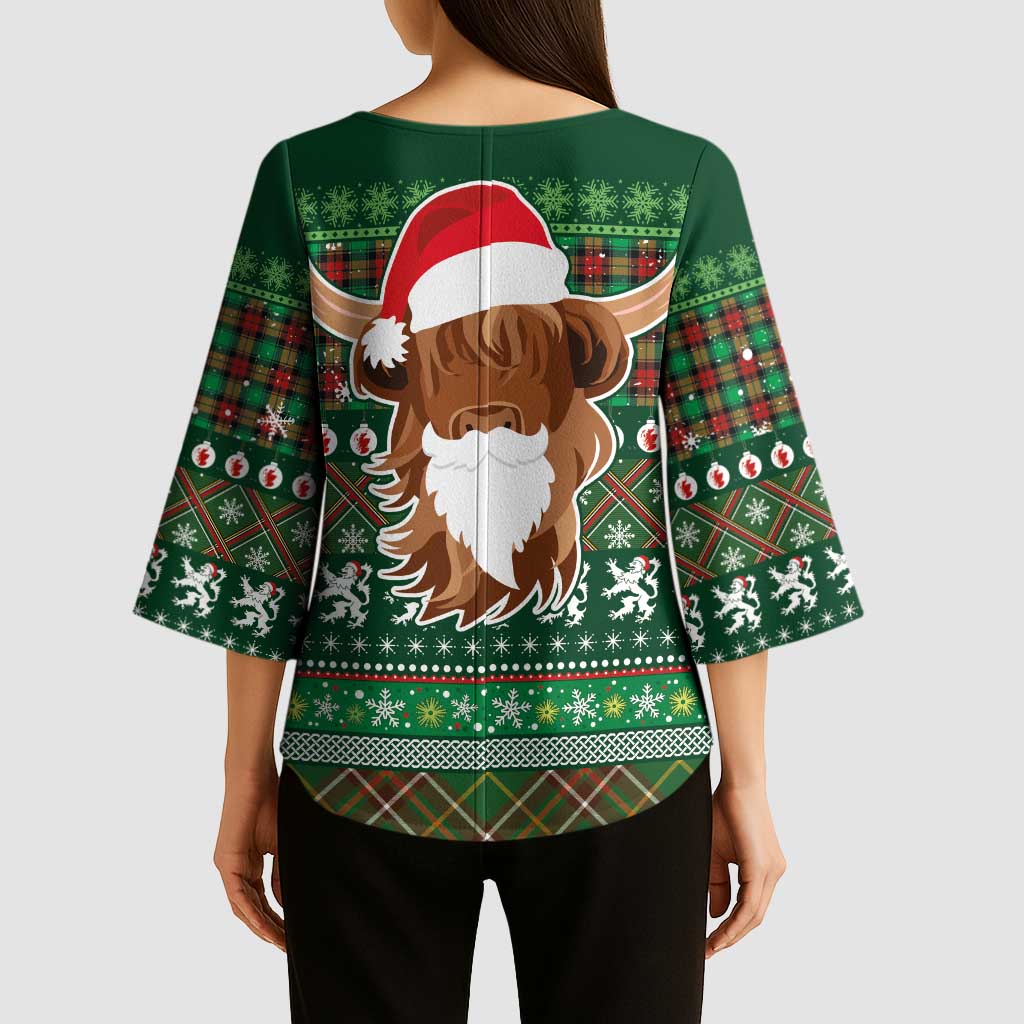 Scottish Christmas Kimono Sleeve Blouse Highland Cattle-Xmas Tartan Stripes Style Green Color - Wonder Print Shop