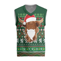 Scottish Christmas Knitted V-Neck Vest Highland Cattle-Xmas Tartan Stripes Style Green Color - Wonder Print Shop