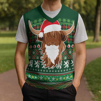 Scottish Christmas Knitted V-Neck Vest Highland Cattle-Xmas Tartan Stripes Style Green Color - Wonder Print Shop