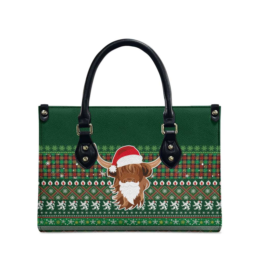 Scottish Christmas Leather Bag Highland Cattle-Xmas Tartan Stripes Style Green Color - Wonder Print Shop