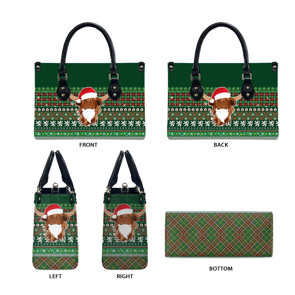 Scottish Christmas Leather Bag Highland Cattle-Xmas Tartan Stripes Style Green Color - Wonder Print Shop