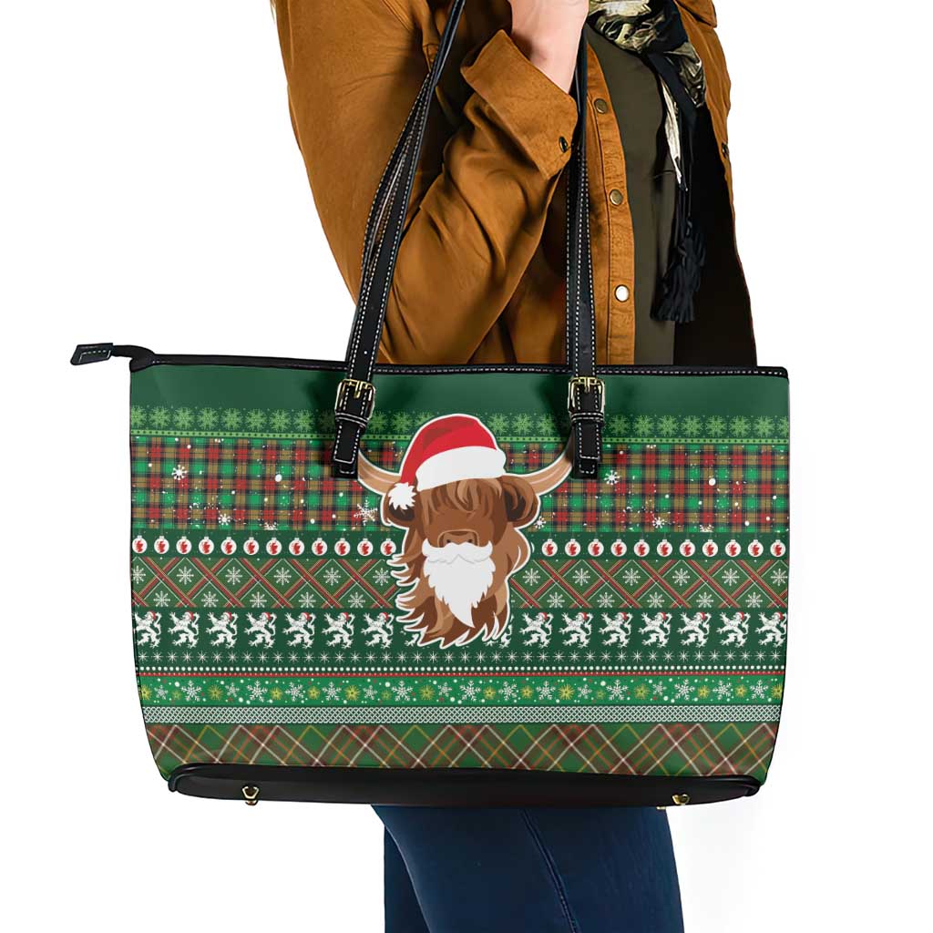 Scottish Christmas Leather Tote Bag Highland Cattle-Xmas Tartan Stripes Style Green Color - Wonder Print Shop