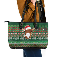 Scottish Christmas Leather Tote Bag Highland Cattle-Xmas Tartan Stripes Style Green Color - Wonder Print Shop