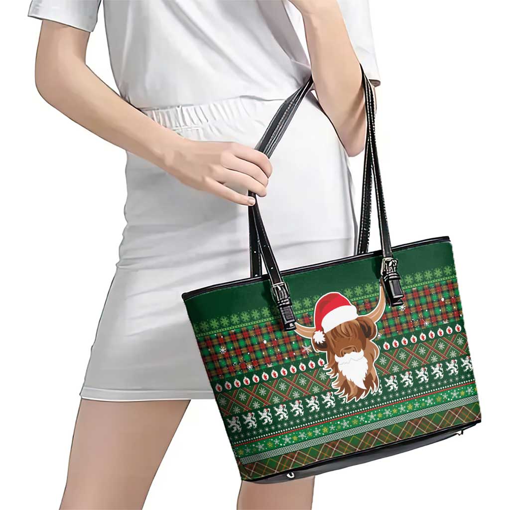 Scottish Christmas Leather Tote Bag Highland Cattle-Xmas Tartan Stripes Style Green Color - Wonder Print Shop
