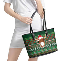 Scottish Christmas Leather Tote Bag Highland Cattle-Xmas Tartan Stripes Style Green Color - Wonder Print Shop