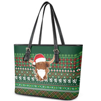 Scottish Christmas Leather Tote Bag Highland Cattle-Xmas Tartan Stripes Style Green Color - Wonder Print Shop