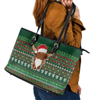 Scottish Christmas Leather Tote Bag Highland Cattle-Xmas Tartan Stripes Style Green Color - Wonder Print Shop