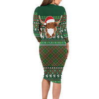Scottish Christmas Long Sleeve Bodycon Dress Highland Cattle-Xmas Tartan Stripes Style Green Color - Wonder Print Shop