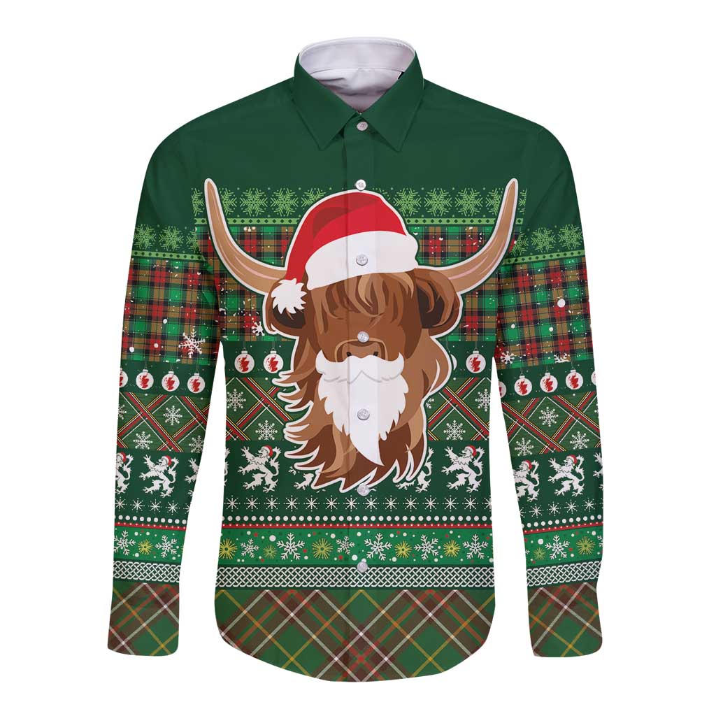 Scottish Christmas Long Sleeve Button Shirt Highland Cattle-Xmas Tartan Stripes Style Green Color - Wonder Print Shop