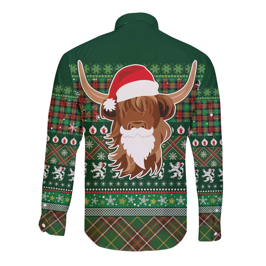 Scottish Christmas Long Sleeve Button Shirt Highland Cattle-Xmas Tartan Stripes Style Green Color - Wonder Print Shop