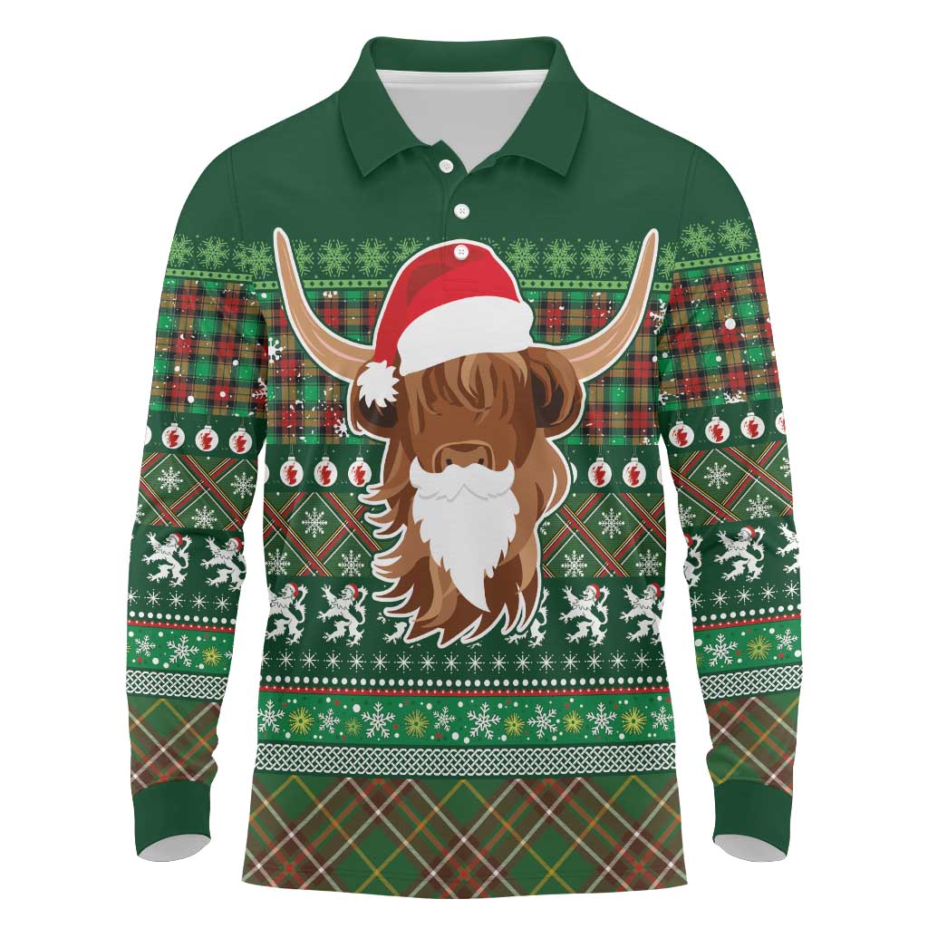 Scottish Christmas Long Sleeve Polo Shirt Highland Cattle-Xmas Tartan Stripes Style Green Color - Wonder Print Shop