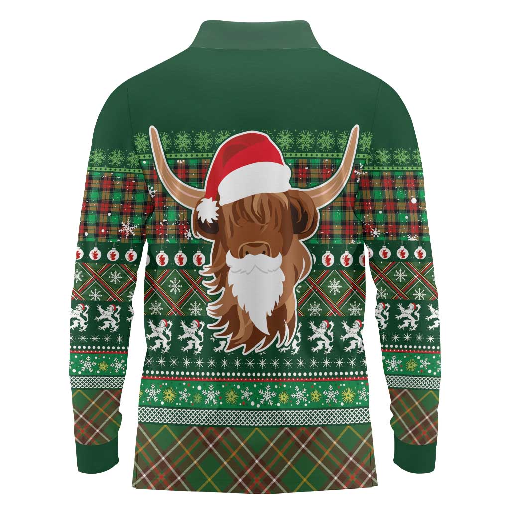 Scottish Christmas Long Sleeve Polo Shirt Highland Cattle-Xmas Tartan Stripes Style Green Color - Wonder Print Shop