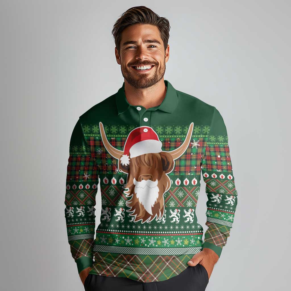 Scottish Christmas Long Sleeve Polo Shirt Highland Cattle-Xmas Tartan Stripes Style Green Color - Wonder Print Shop