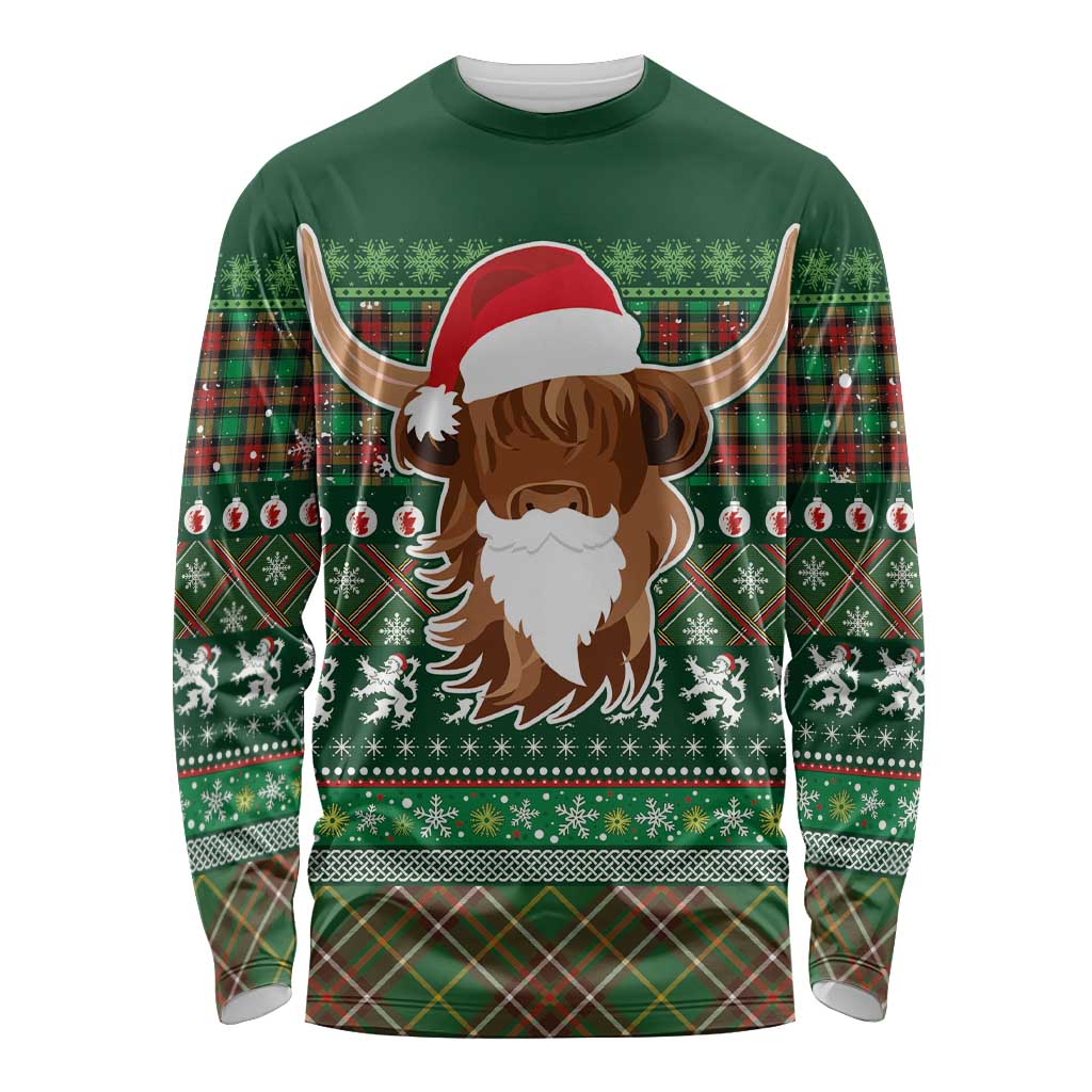 Scottish Christmas Long Sleeve Shirt Highland Cattle-Xmas Tartan Stripes Style Green Color - Wonder Print Shop
