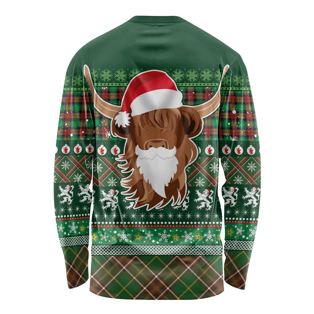 Scottish Christmas Long Sleeve Shirt Highland Cattle-Xmas Tartan Stripes Style Green Color - Wonder Print Shop
