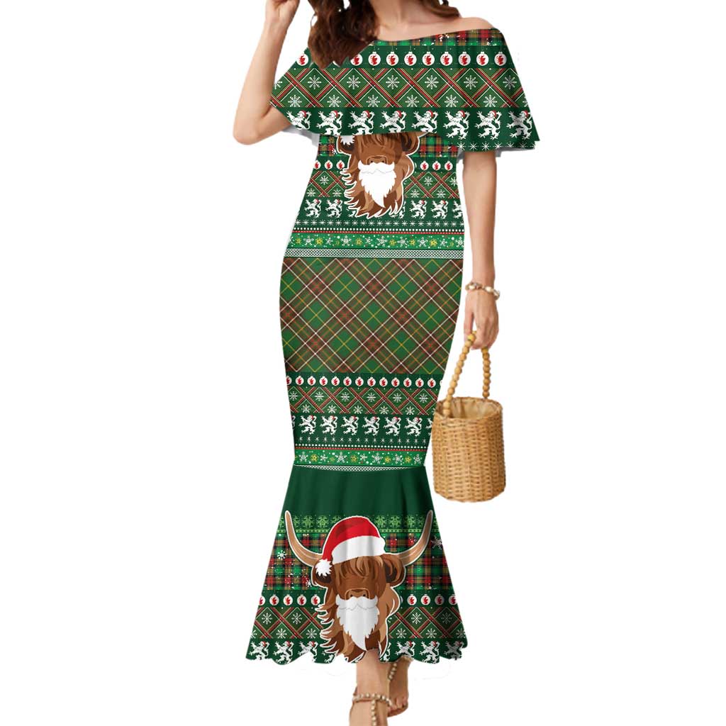 Scottish Christmas Mermaid Dress Highland Cattle-Xmas Tartan Stripes Style Green Color - Wonder Print Shop