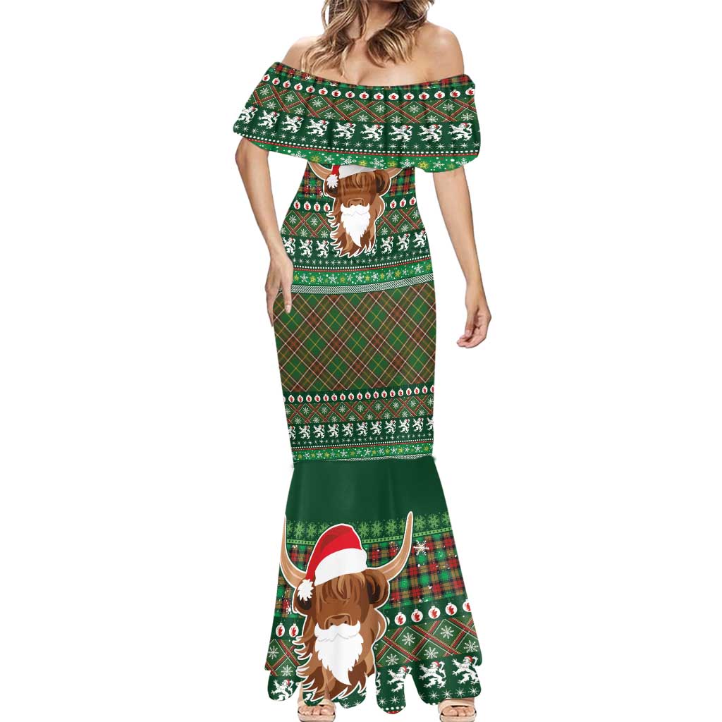 Scottish Christmas Mermaid Dress Highland Cattle-Xmas Tartan Stripes Style Green Color - Wonder Print Shop