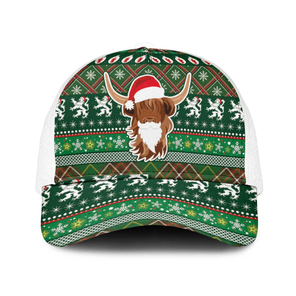 Scottish Christmas Mesh Trucker Cap Highland Cattle-Xmas Tartan Stripes Style Green Color - Wonder Print Shop