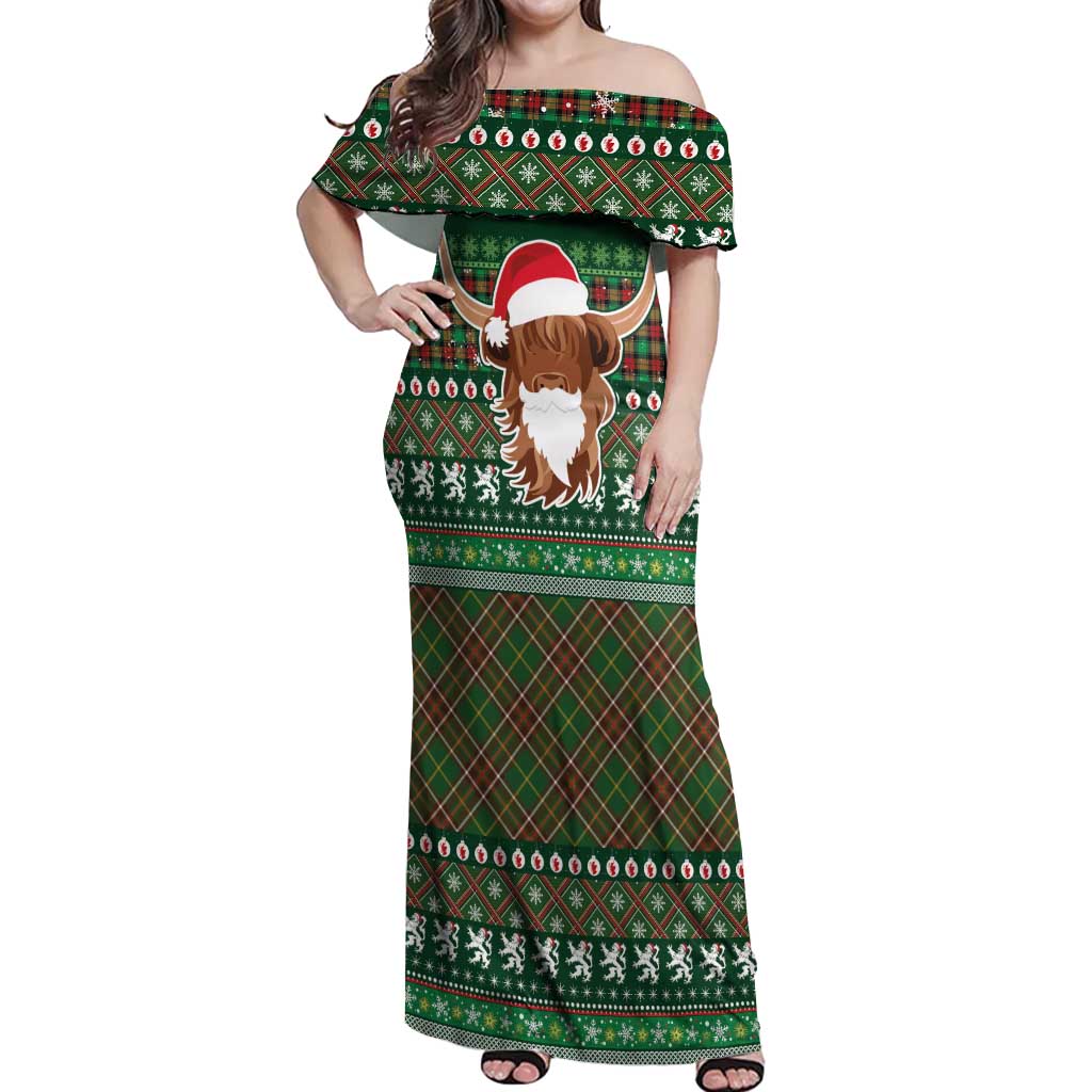 Scottish Christmas Off Shoulder Maxi Dress Highland Cattle-Xmas Tartan Stripes Style Green Color - Wonder Print Shop