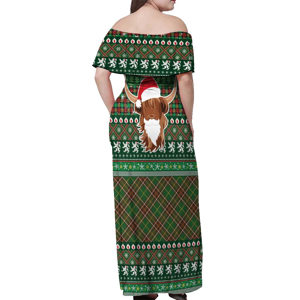 Scottish Christmas Off Shoulder Maxi Dress Highland Cattle-Xmas Tartan Stripes Style Green Color - Wonder Print Shop