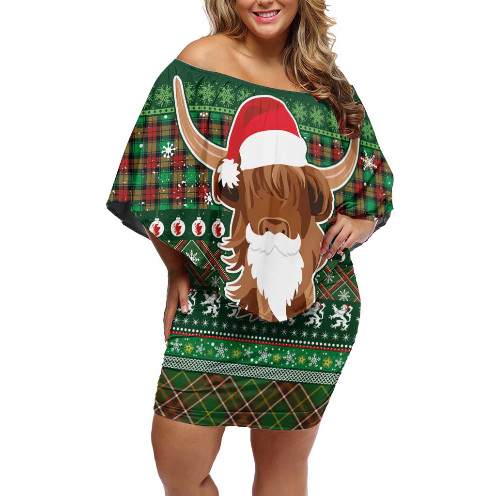 Scottish Christmas Off Shoulder Short Dress Highland Cattle-Xmas Tartan Stripes Style Green Color - Wonder Print Shop