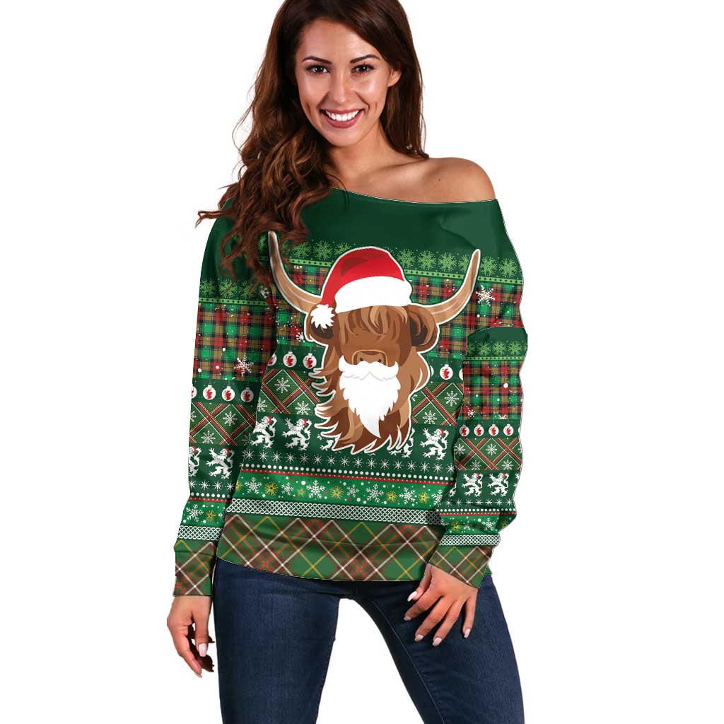 Scottish Christmas Off Shoulder Sweater Highland Cattle-Xmas Tartan Stripes Style Green Color - Wonder Print Shop
