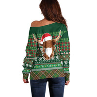 Scottish Christmas Off Shoulder Sweater Highland Cattle-Xmas Tartan Stripes Style Green Color - Wonder Print Shop