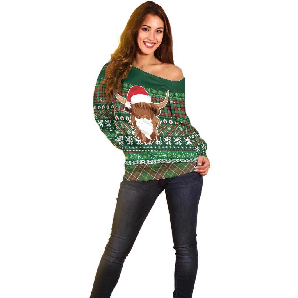Scottish Christmas Off Shoulder Sweater Highland Cattle-Xmas Tartan Stripes Style Green Color - Wonder Print Shop