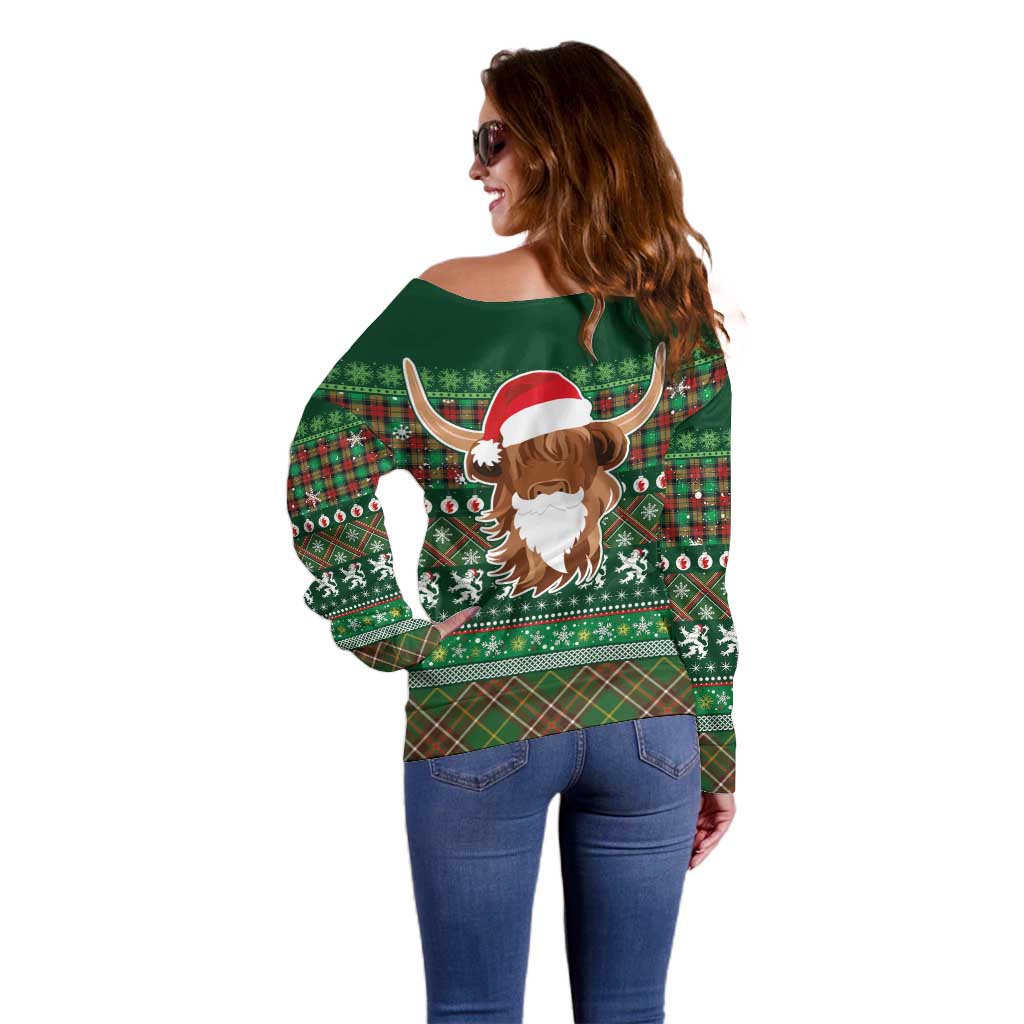 Scottish Christmas Off Shoulder Sweater Highland Cattle-Xmas Tartan Stripes Style Green Color - Wonder Print Shop