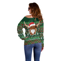 Scottish Christmas Off Shoulder Sweater Highland Cattle-Xmas Tartan Stripes Style Green Color - Wonder Print Shop