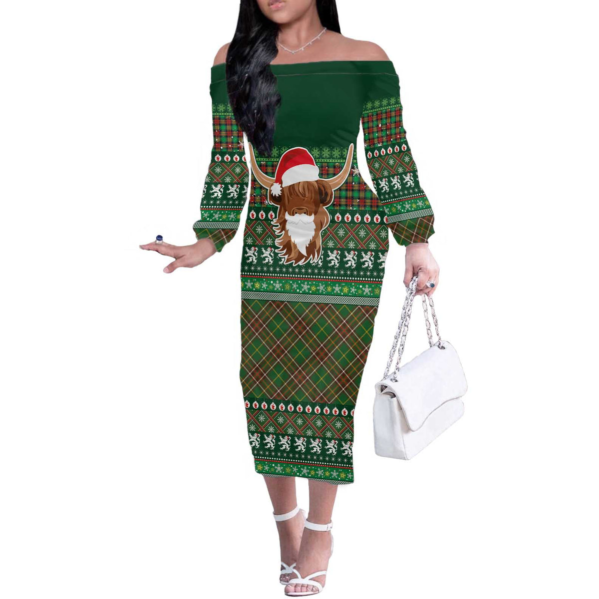 Scottish Christmas Off The Shoulder Long Sleeve Dress Highland Cattle-Xmas Tartan Stripes Style Green Color - Wonder Print Shop