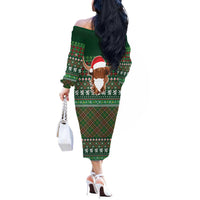 Scottish Christmas Off The Shoulder Long Sleeve Dress Highland Cattle-Xmas Tartan Stripes Style Green Color - Wonder Print Shop