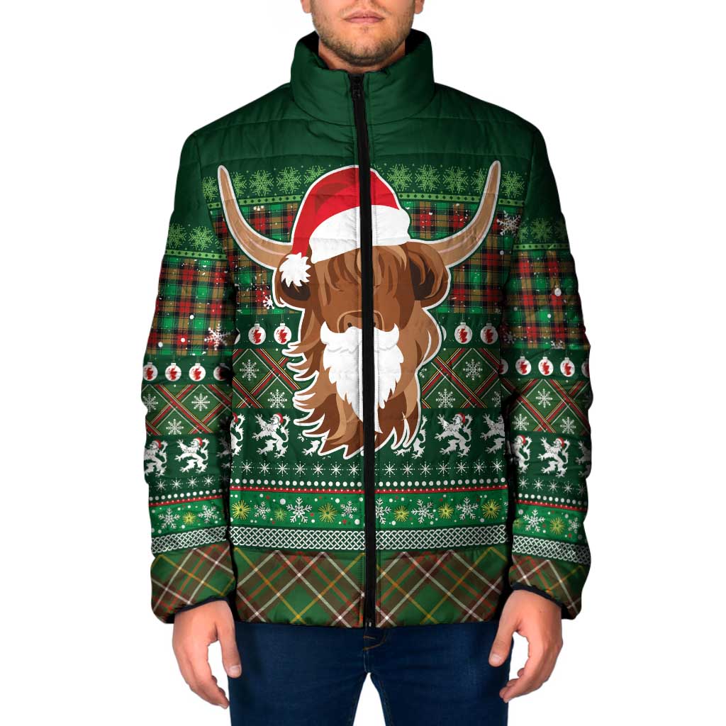Scottish Christmas Padded Jacket Highland Cattle-Xmas Tartan Stripes Style Green Color - Wonder Print Shop