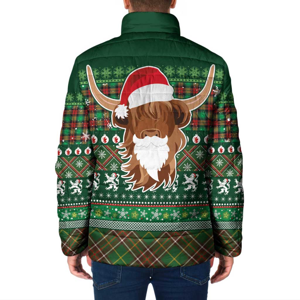 Scottish Christmas Padded Jacket Highland Cattle-Xmas Tartan Stripes Style Green Color - Wonder Print Shop