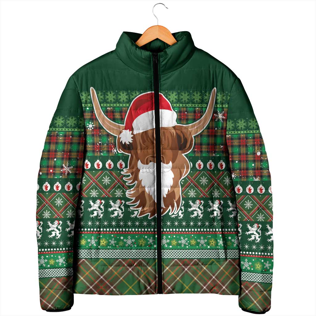 Scottish Christmas Padded Jacket Highland Cattle-Xmas Tartan Stripes Style Green Color - Wonder Print Shop