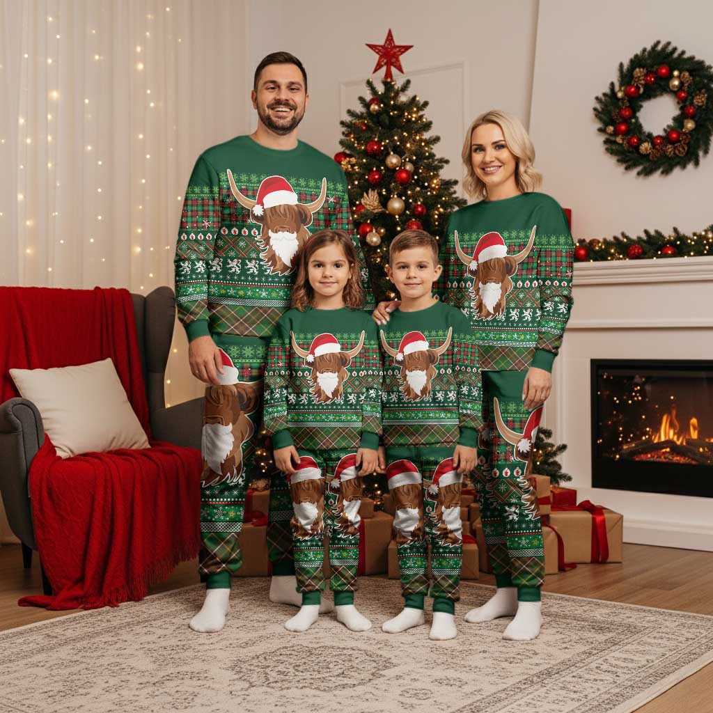 Scottish Christmas Pajama Set Highland Cattle-Xmas Tartan Stripes Style Green Color - Wonder Print Shop