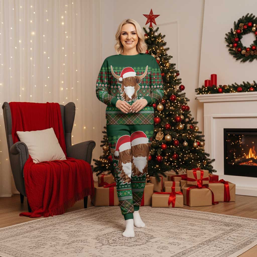 Scottish Christmas Pajama Set Highland Cattle-Xmas Tartan Stripes Style Green Color - Wonder Print Shop
