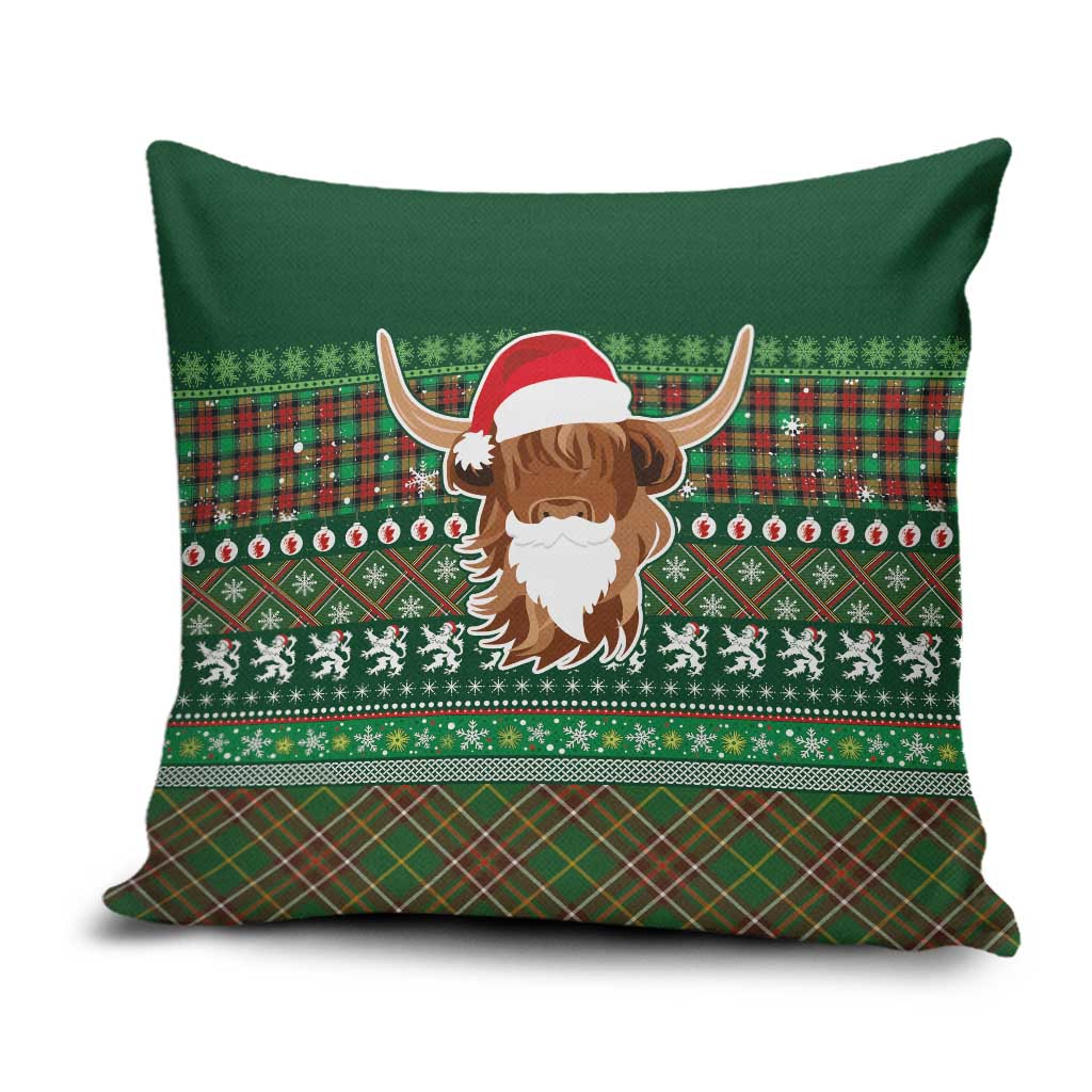 Scottish Christmas Pillow Cover Highland Cattle-Xmas Tartan Stripes Style Green Color - Wonder Print Shop
