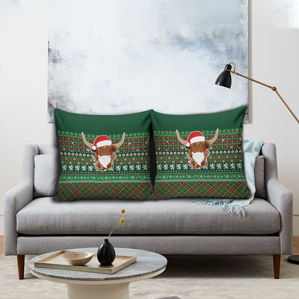 Scottish Christmas Pillow Cover Highland Cattle-Xmas Tartan Stripes Style Green Color - Wonder Print Shop
