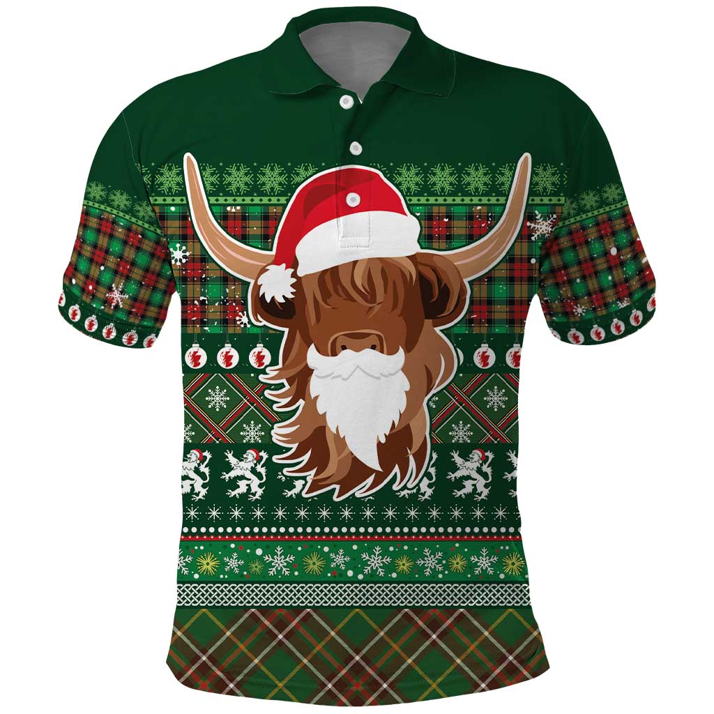 Scottish Christmas Polo Shirt Highland Cattle-Xmas Tartan Stripes Style Green Color - Wonder Print Shop