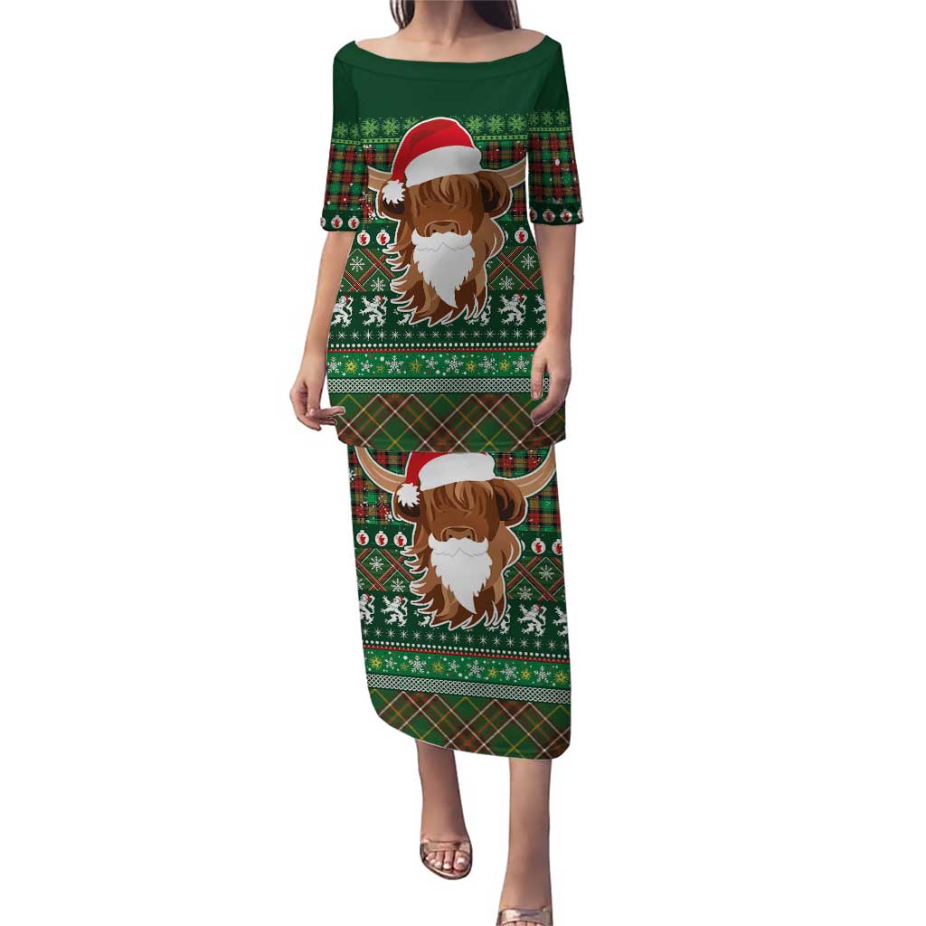 Scottish Christmas Puletasi Highland Cattle-Xmas Tartan Stripes Style Green Color - Wonder Print Shop