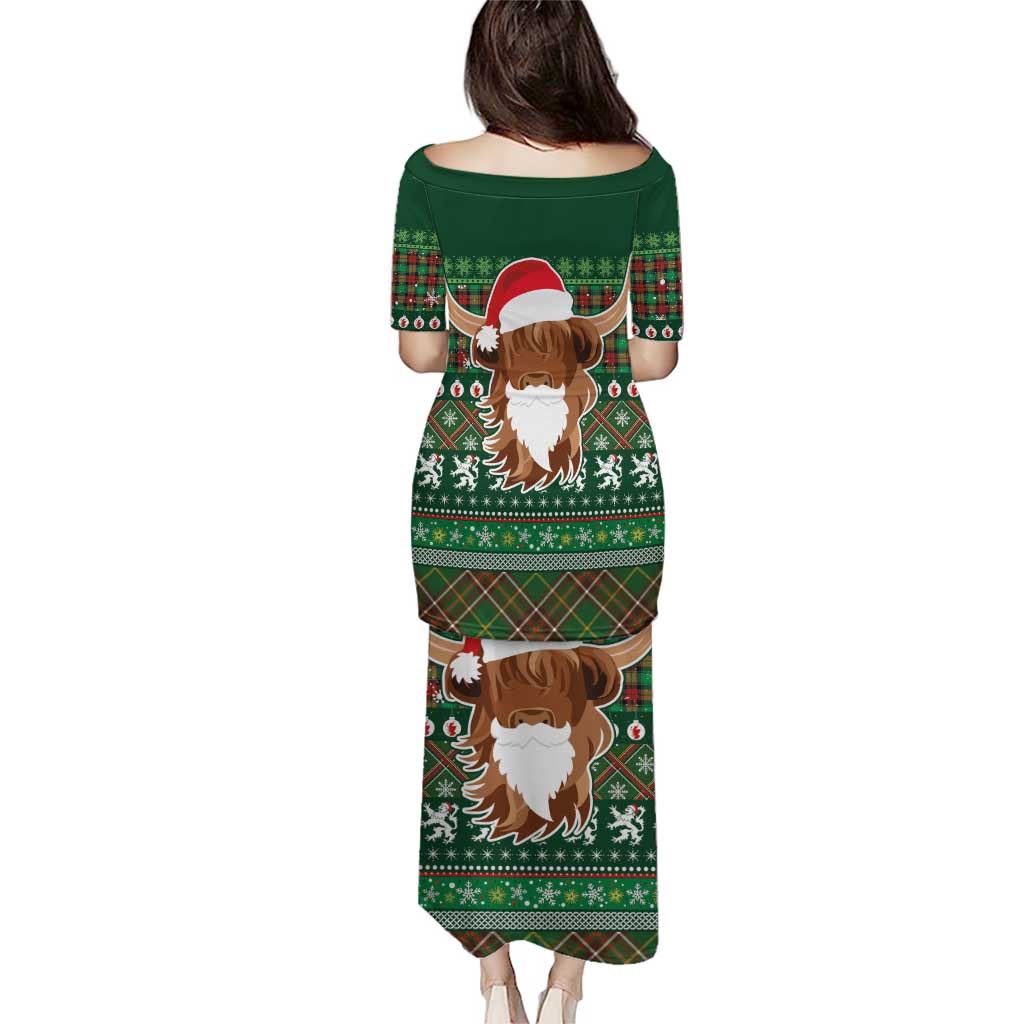 Scottish Christmas Puletasi Highland Cattle-Xmas Tartan Stripes Style Green Color - Wonder Print Shop
