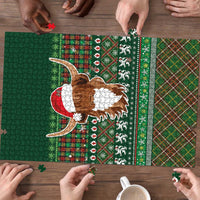 Scottish Christmas Puzzle Highland Cattle-Xmas Tartan Stripes Style Green Color - Wonder Print Shop