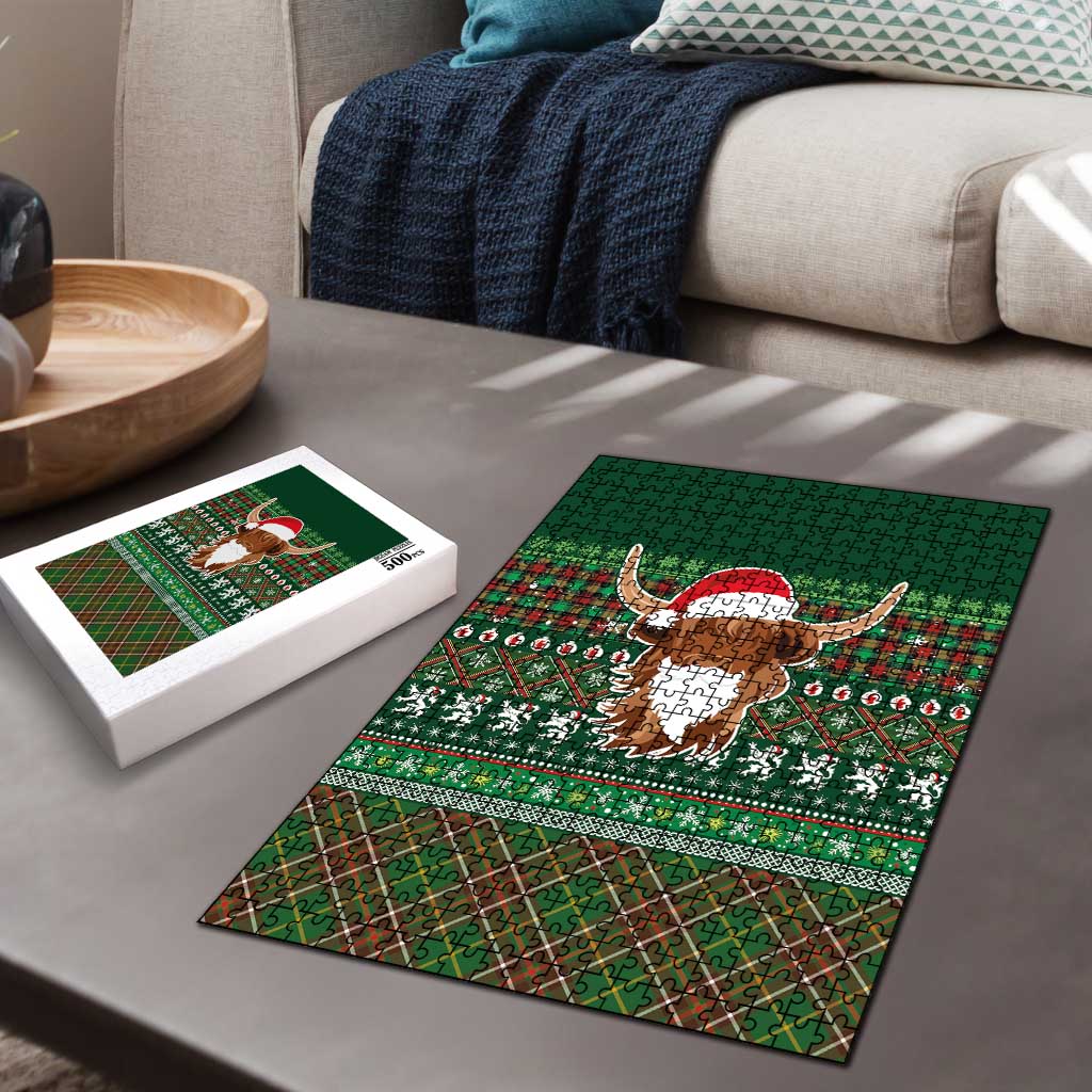 Scottish Christmas Puzzle Highland Cattle-Xmas Tartan Stripes Style Green Color - Wonder Print Shop
