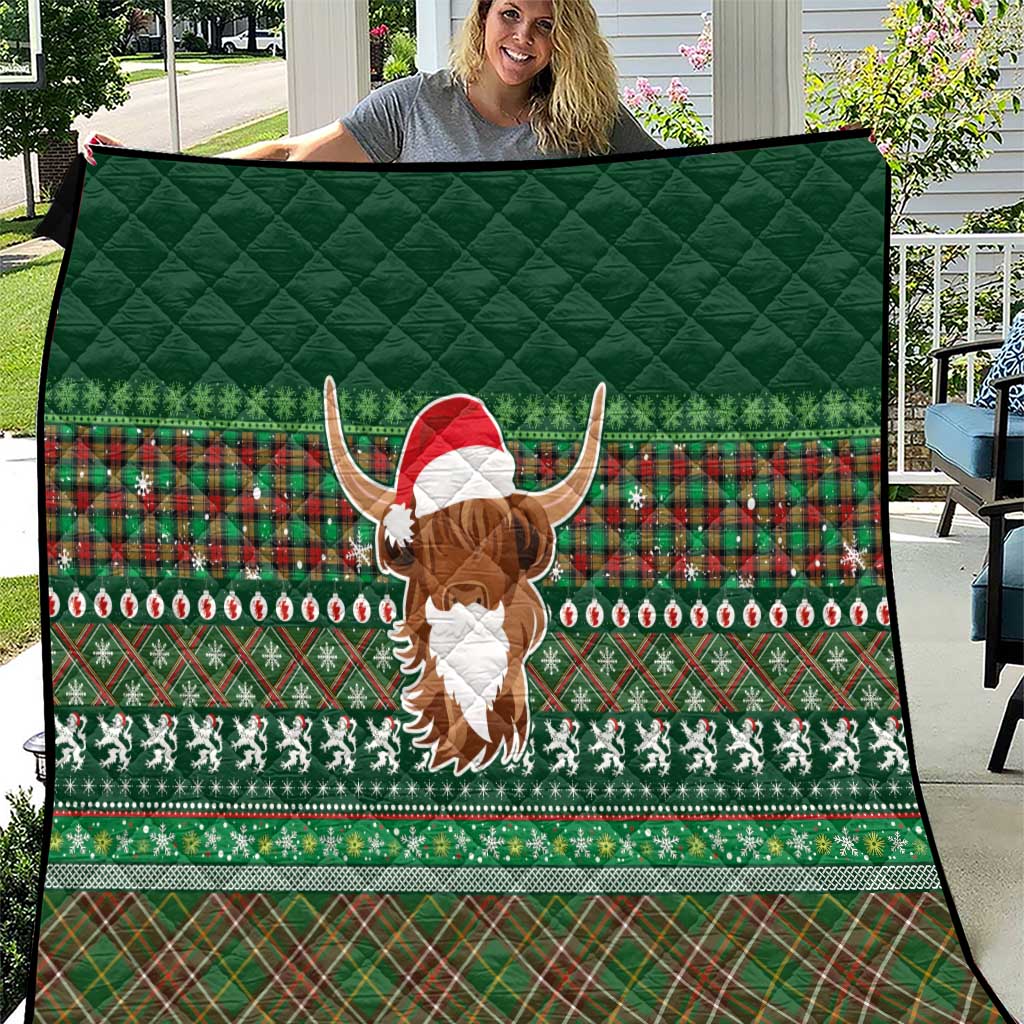 Scottish Christmas Quilt Highland Cattle-Xmas Tartan Stripes Style Green Color - Wonder Print Shop