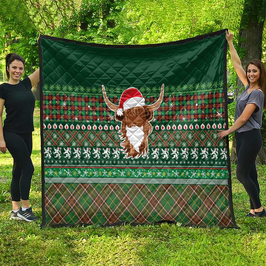 Scottish Christmas Quilt Highland Cattle-Xmas Tartan Stripes Style Green Color - Wonder Print Shop