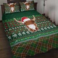 Scottish Christmas Quilt Bed Set Highland Cattle-Xmas Tartan Stripes Style Green Color - Wonder Print Shop