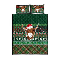 Scottish Christmas Quilt Bed Set Highland Cattle-Xmas Tartan Stripes Style Green Color - Wonder Print Shop