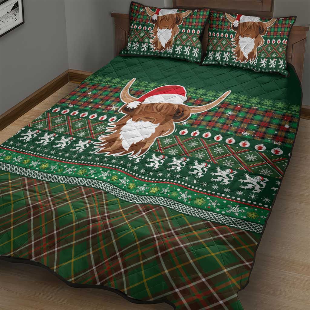 Scottish Christmas Quilt Bed Set Highland Cattle-Xmas Tartan Stripes Style Green Color - Wonder Print Shop