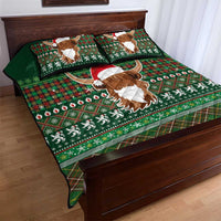 Scottish Christmas Quilt Bed Set Highland Cattle-Xmas Tartan Stripes Style Green Color - Wonder Print Shop